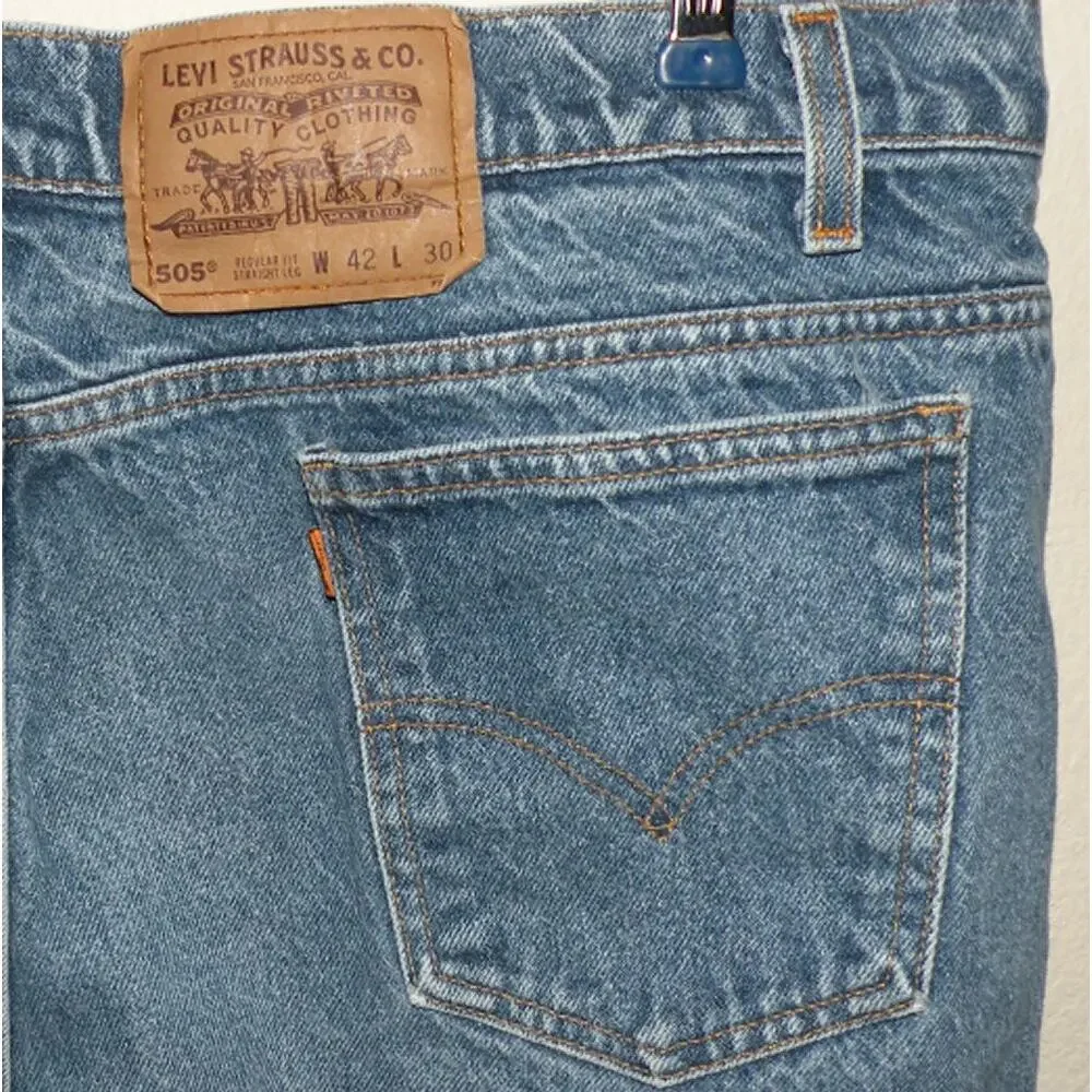 Vtg 95 Levi’s 505 Straight Leg Men's Jeans 40 x 25 Medium Wash Blue Orange Tab
